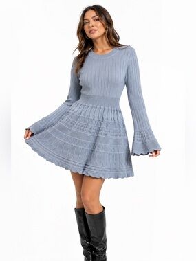 Willow & Wind Mixed Knit Babydoll Sweater Dress (Baby Blue) Size Large